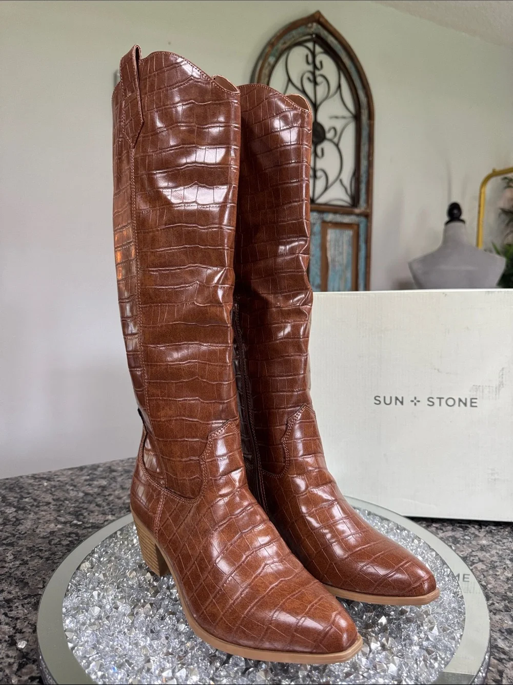 Sun + Stone Croc-Embossed Tall Brown dolly Boots NEW 8.5